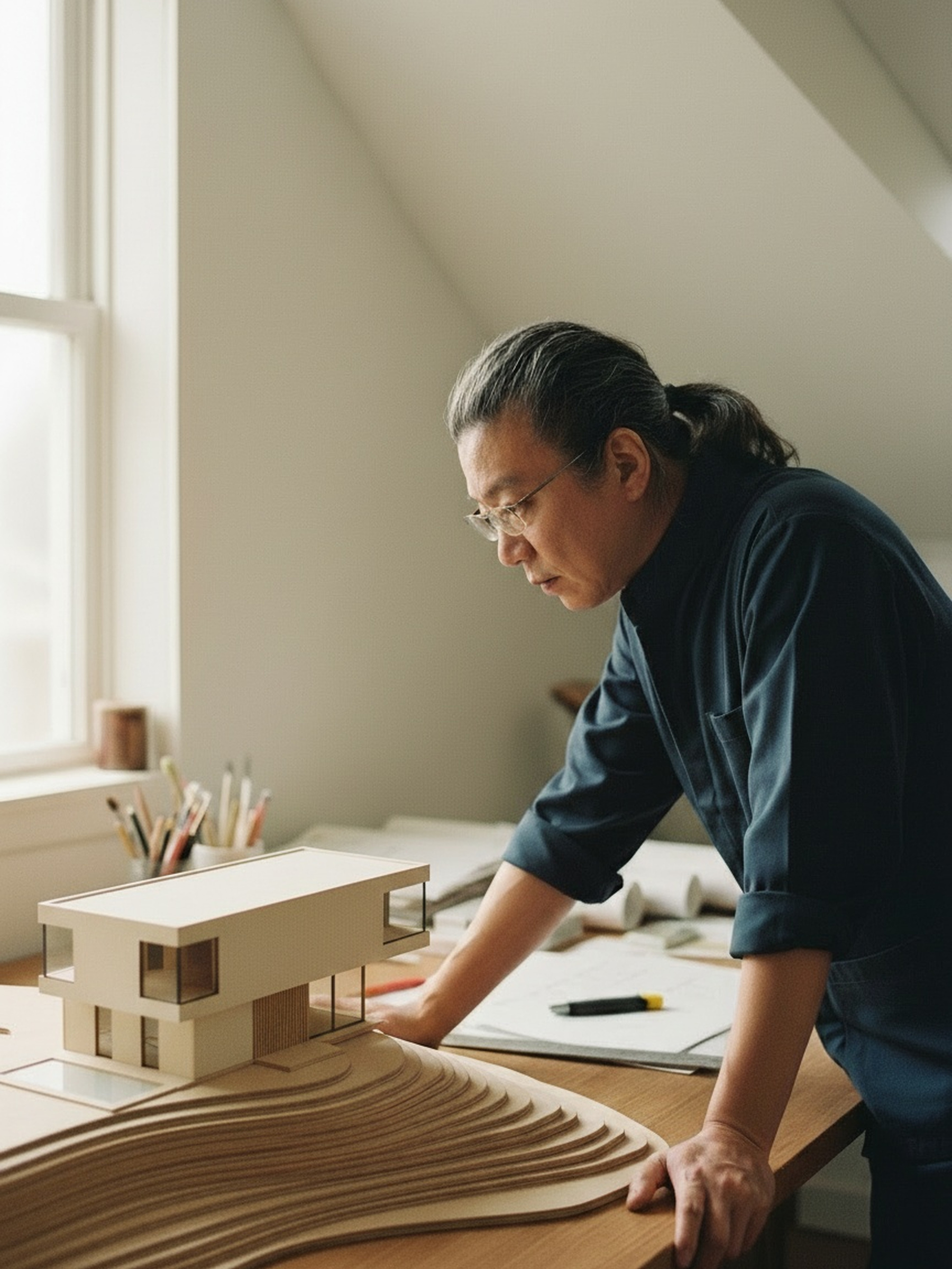 自然光下製作建築模型的工作情境